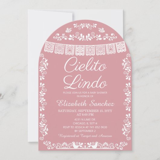 Cielito Lindo Blush Pink Papel Picado Baby Shower 招待状 (正面)