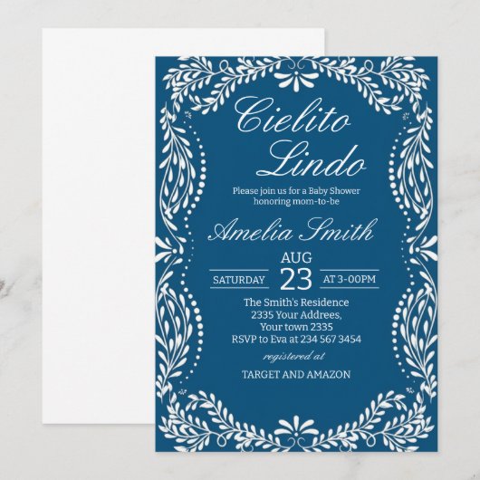 Cielito lindo dusty blue Mexican baby shower 招待状 (正面/裏面)