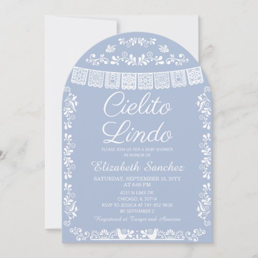 Cielito Lindo Dusty Blue Papel Picado Baby Shower 招待状 (正面)