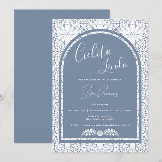 Cielito Lindo Mexican Blue Folk Art Invitation シーズンカード (正面/裏面)