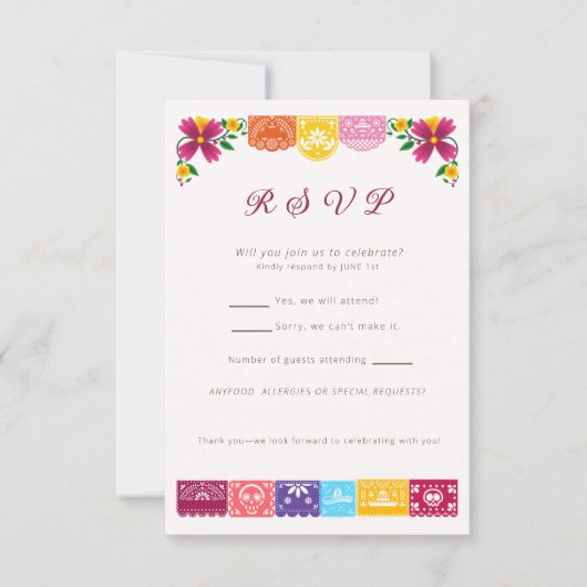 Cielito Lindo Mexican Papel Picado Floral  出欠カード (正面)