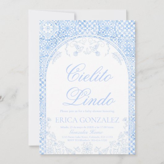 Cielito Lindo Papel Picado Baby Shower Dusty Blue 招待状 (正面)