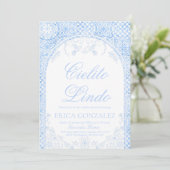 Cielito Lindo Papel Picado Baby Shower Dusty Blue 招待状 (スタンド正面)
