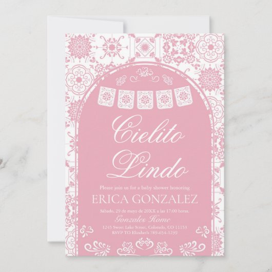 Cielito Lindo Papel Picado Girl Baby Shower Pink 招待状 (正面)
