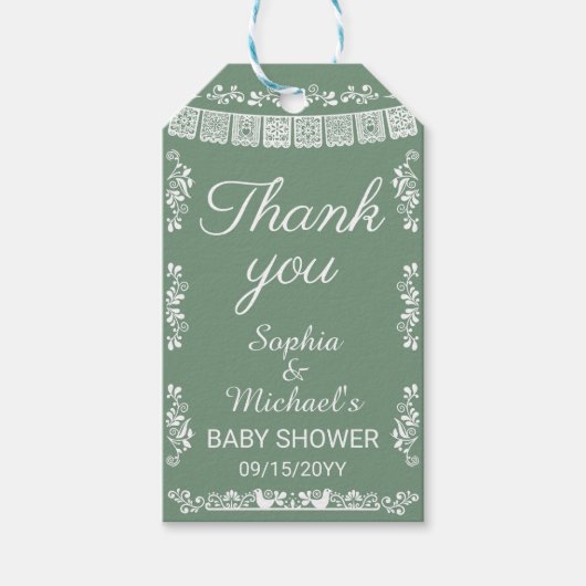 Cielito Lindo Sage Green Papel Picado Baby Shower ギフトタグ (正面)