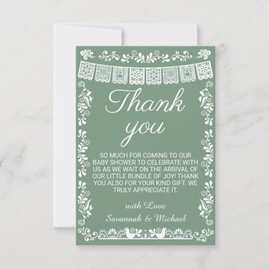 Cielito Lindo Sage Green Papel Picado Baby Shower サンキューカード (正面)