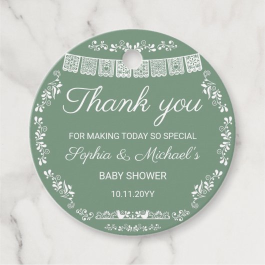Cielito Lindo Sage Green Papel Picado Baby Shower フェイバータグ (正面)