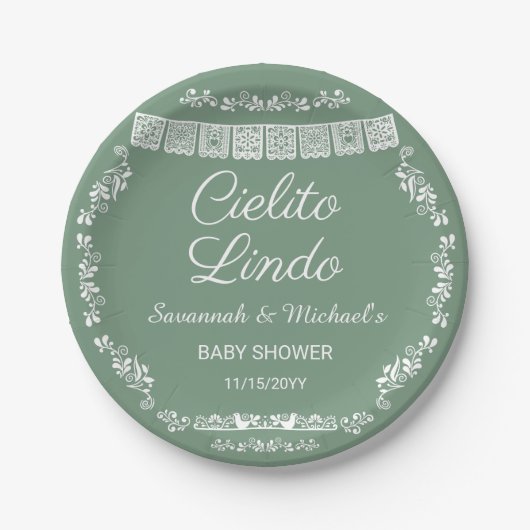 Cielito Lindo Sage Green Papel Picado Baby Shower ペーパープレート (正面)
