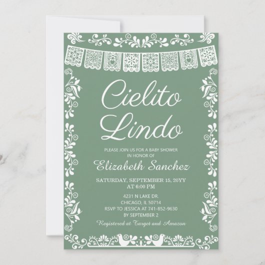 Cielito Lindo Sage Green Papel Picado Baby Shower 招待状 (正面)