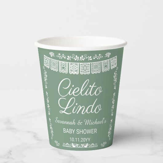 Cielito Lindo Sage Green Papel Picado Baby Shower  紙コップ (正面)