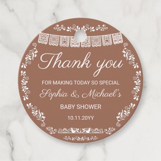 Cielito Lindo Terracotta Papel Picado Baby Shower フェイバータグ (正面)