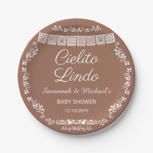 Cielito Lindo Terracotta Papel Picado Baby Shower ペーパープレート (正面)