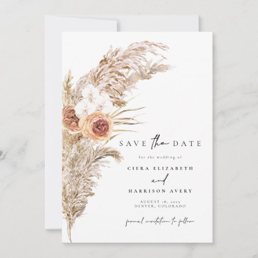 CIERA Boho Terracotta Pampas写真Save the Date 招待状 (正面)