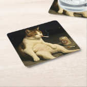 Cigarette Kitten Funny Smoking Cat Gen Z Meme スクエアペーパーコースター (アングル)