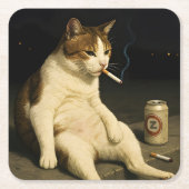 Cigarette Kitten Funny Smoking Cat Gen Z Meme スクエアペーパーコースター (正面)