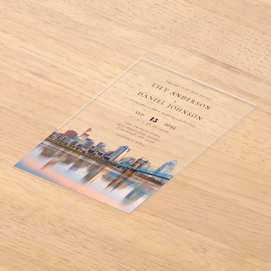 Cincinnati City Skyline Watercolor Wedding アクリル招待状 (レイダウン)