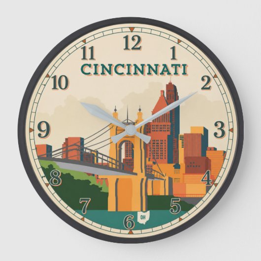 Cincinnati Ohio Skyline ラージ壁時計 (正面)