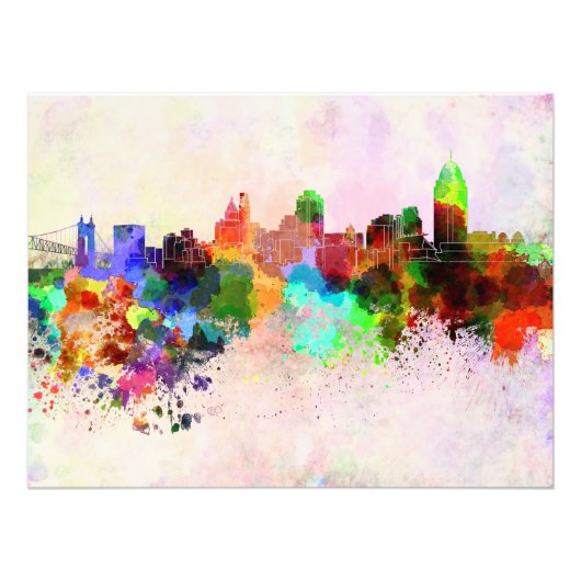 Cincinnati skyline in watercolor background フォトプリント            (正面)