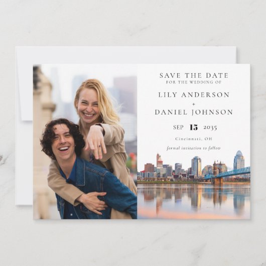 Cincinnati Skyline Watercolor Photo Wedding セーブザデート (正面)