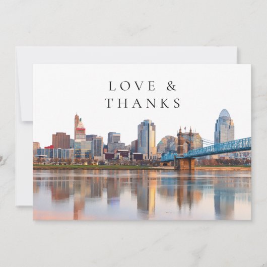 Cincinnati Skyline Watercolor Wedding Photo サンキューカード (正面)