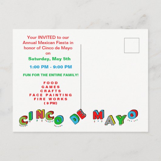Cinco deメーヨーのフェスタの招待状-郵便はがき インビテーションポストカード (裏面)