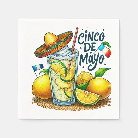 Cinco de Mayoメキシコ帽、レモン、ライム スタンダードカクテルナプキン (正面)