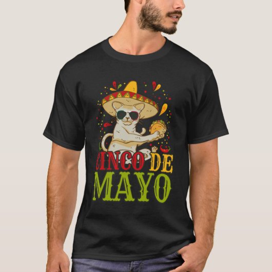 Cinco De Mayo Cat 5 Mexican Hat And Taco Tシャツ (正面)