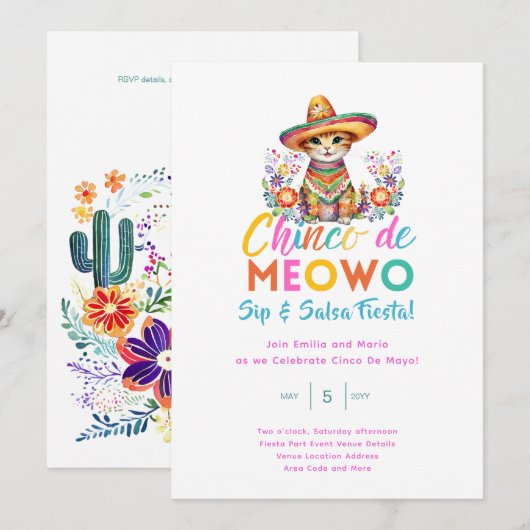 Cinco De Mayo Sip and Salsa おもしろい Cat FIESTA 招待状 (正面/裏面)