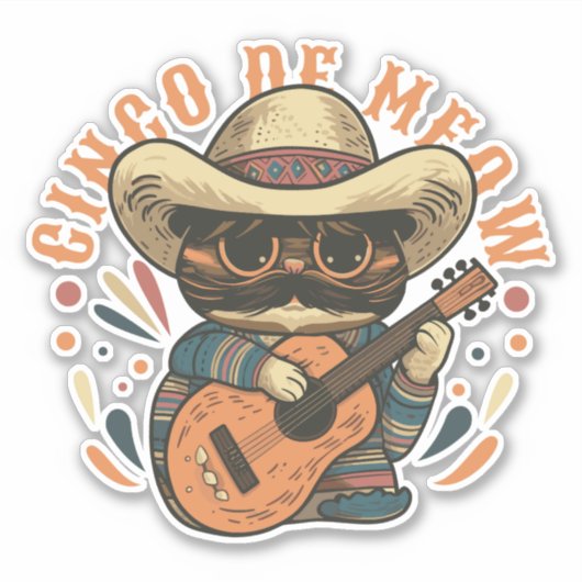 CINCO DE MEOWメキシコ猫とギター シール (正面)