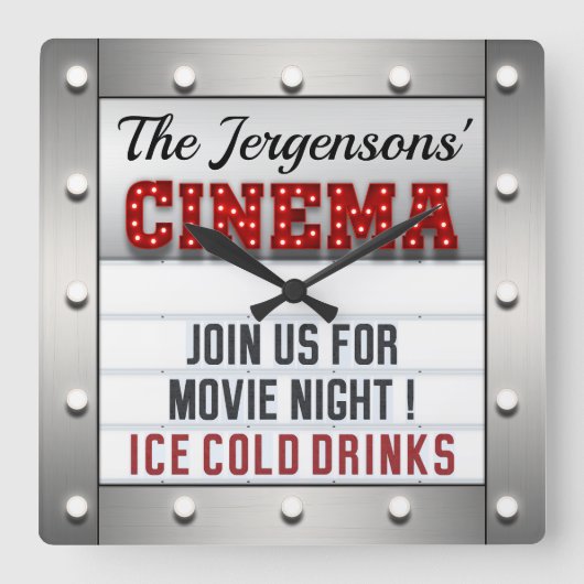 Cinema Movie Night Theater Theatre Wall Clock  スクエア壁時計 (正面)