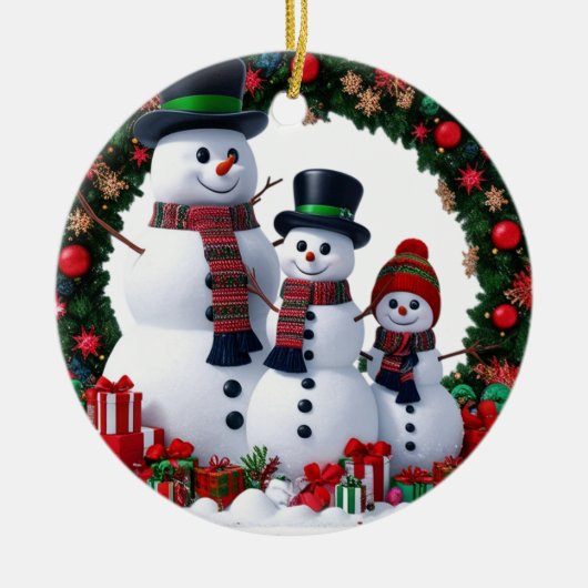 Cinematic Family of 3 Snowman Christmas Wreath  セラミックオーナメント (正面)