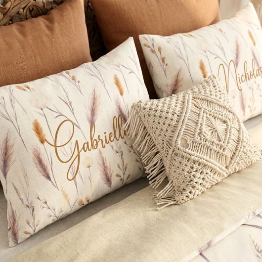 Cinnamon Boho Meadow Watercolor Custom Monogram  枕カバー