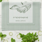 Cinnamon Herb Kitchen Towel – Green Gingham Border キッチンタオル (折り畳み)
