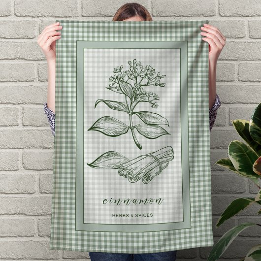 Cinnamon Herb Kitchen Towel – Green Gingham Border キッチンタオル