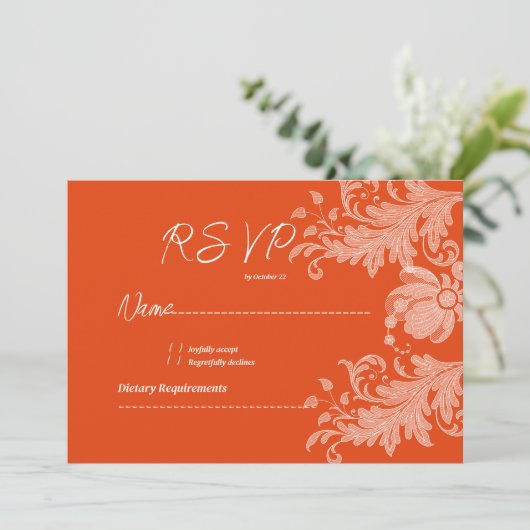 Cinnamon orange white floral lace RSVP 招待状 (スタンド正面)
