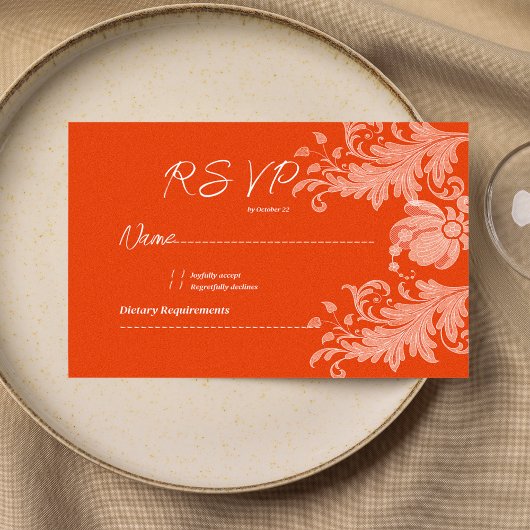 Cinnamon orange white floral lace RSVP 招待状