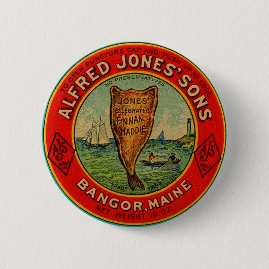 circa 1900 Alfred Jones Sons Finnan Hadeeラベル 缶バッジ (正面)