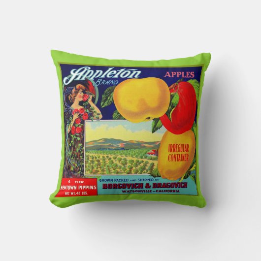 circa 1900 Appleton Apple crateラベルプリント クッション (正面)