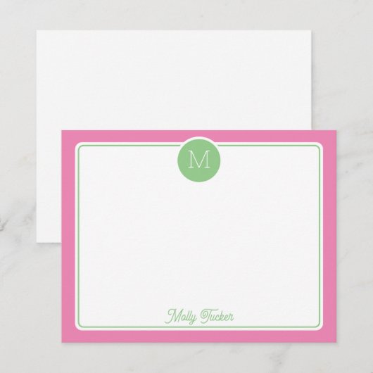 Circle Monogram Initial Preppy Pink Green ノートカード (正面/裏面)