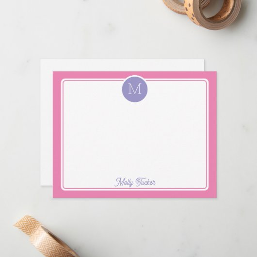 Circle Monogram Initial Preppy Pink Purple ノートカード (正面/裏面インサイチュ)
