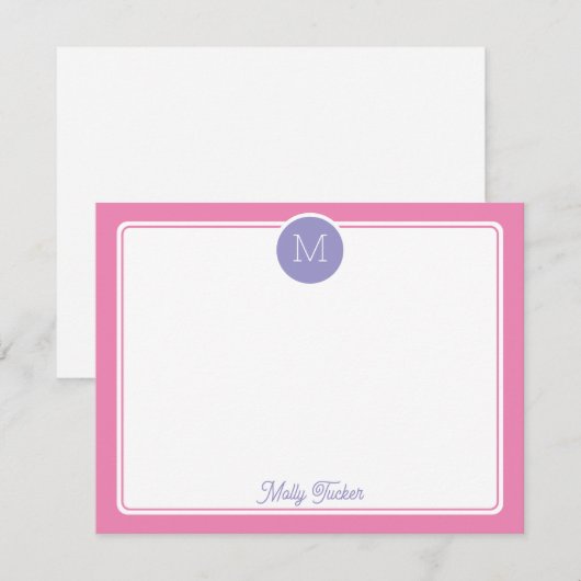 Circle Monogram Initial Preppy Pink Purple ノートカード (正面/裏面)