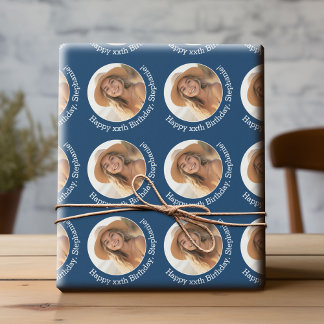 Circle One Photo with誕生日グリーティング – Navy ラッピングペーパー