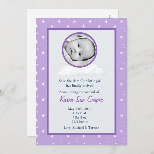 Circle PHOTO on a Cloud Birth Announcement 招待状 (正面/裏面)