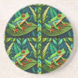 Circular coaster set with vibrant red-eyed tree  コースター
