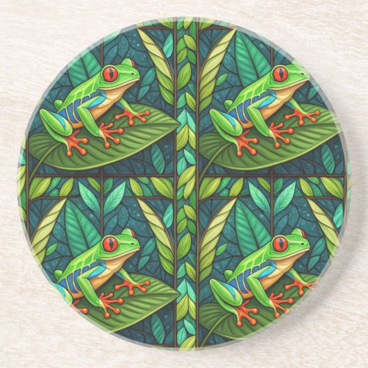Circular coaster set with vibrant red-eyed tree  コースター (正面)
