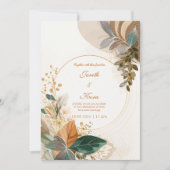 Circular Gold Forest Green Botanical Wedding 招待状 (正面)