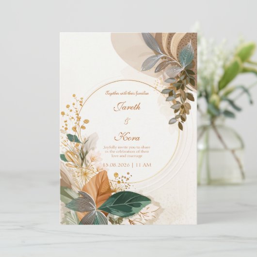 Circular Gold Forest Green Botanical Wedding 招待状 (スタンド正面)
