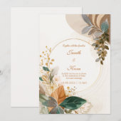 Circular Gold Forest Green Botanical Wedding 招待状 (正面/裏面)