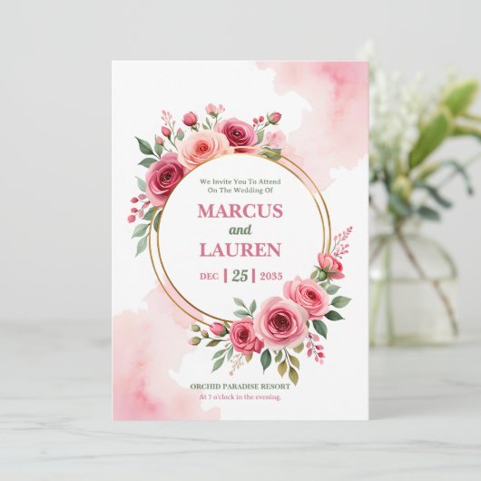 Circular Rose Frame Watercolor Wedding Invitation 招待状 (スタンド正面)