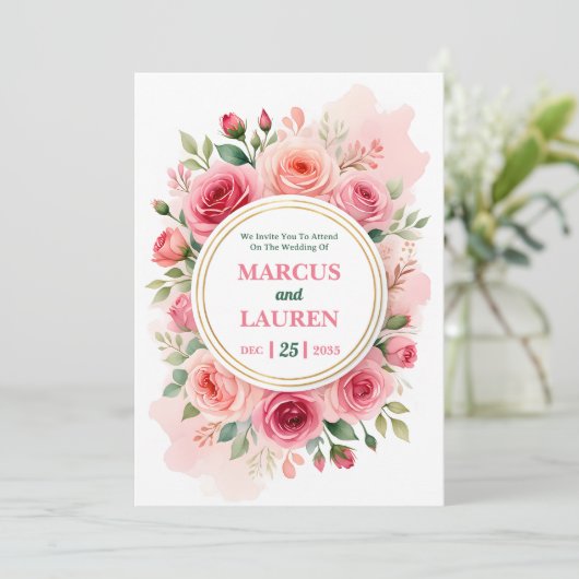 Circular Rose Frame Watercolor Wedding Invitation 招待状 (スタンド正面)